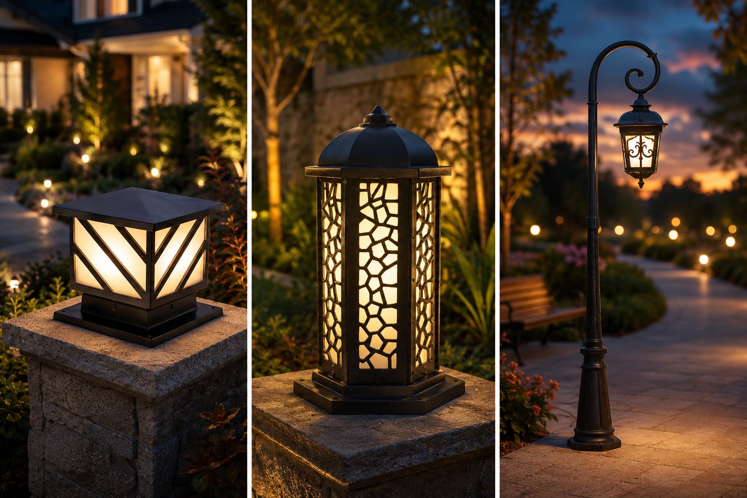Padma chevron gate light on a stone pillar at night