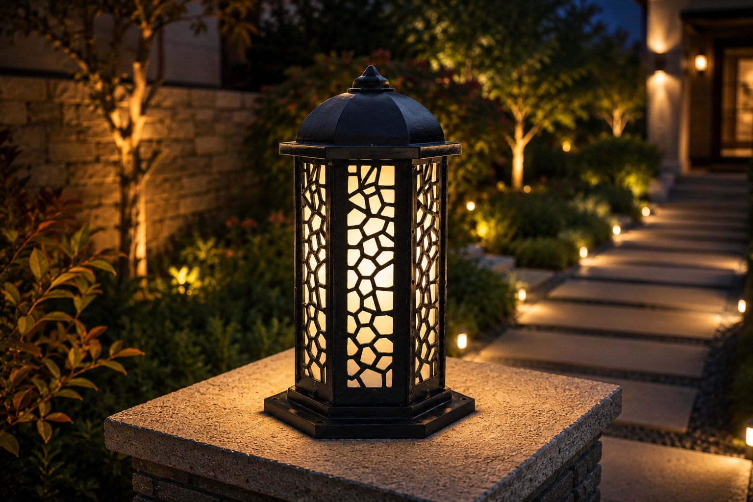 Padma honeycomb lantern glowing beside a path