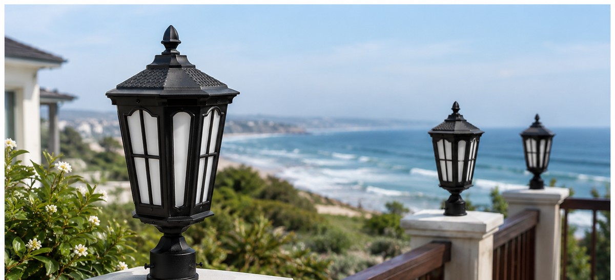 PGL-1130 hexagonal die-cast gate lights on a coastal villa terrace